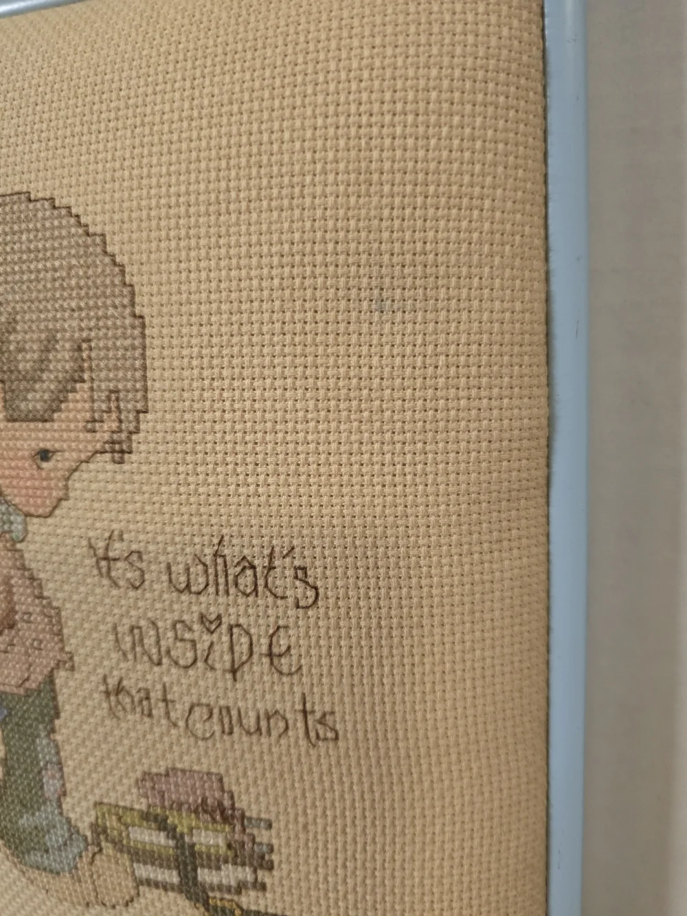 Vintage Precious Moments Cross Stitch Framed Its Whats Inside That Counts 9x11
